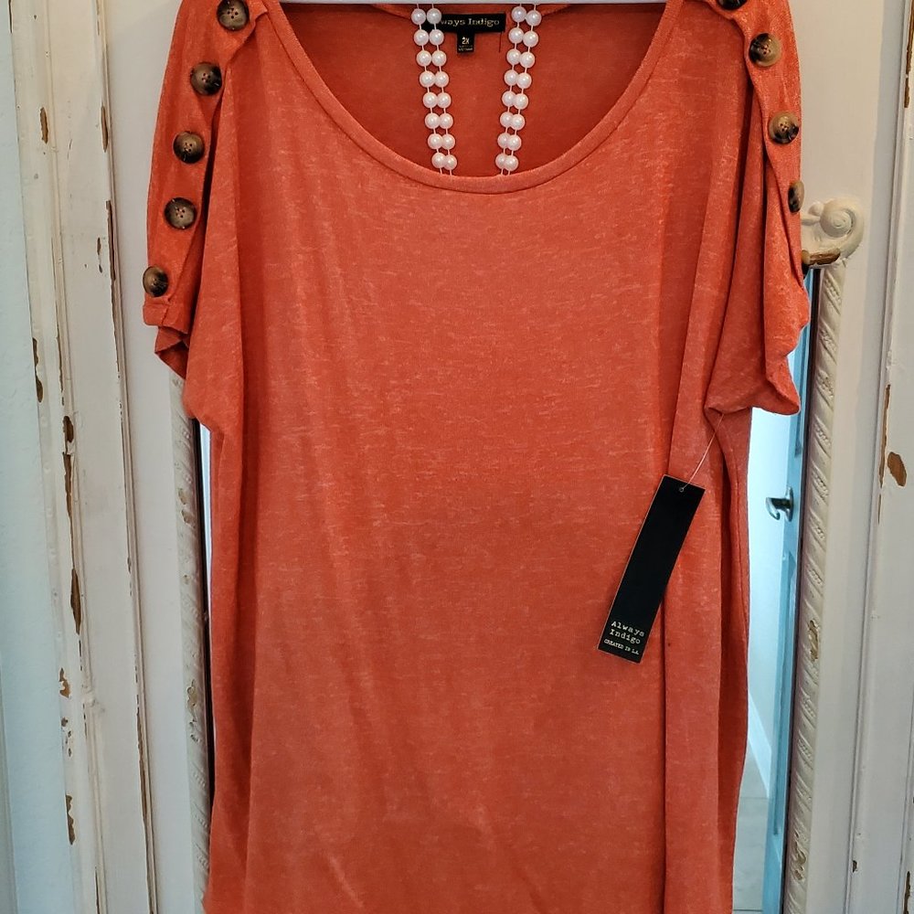Always Indigo Over Sized Orange Pull Over long Tee with wood like buttons.